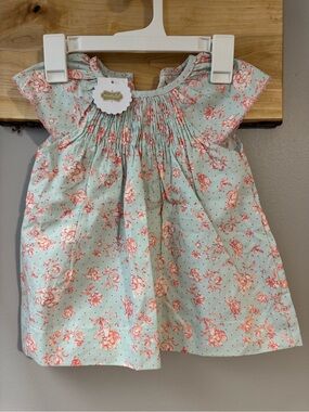 Mud Pie Smocked Baby Dress with Pink Floral Print on Mint, NWT, 9-12 mo